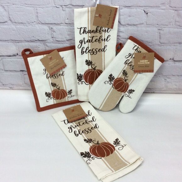Thankful Grateful Blessed 4 Pc Kitchen Set 2 Towels/1 Oven Mitt/1 Pot Holder NWT - Picture 1 of 9